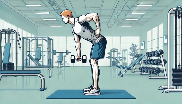 Na ilustracijama je prikazana žena koja izvodi vežbu veslanje s bučicama (Dumbbell Row) u teretani.